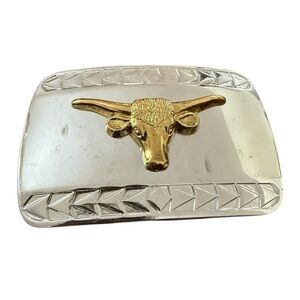 Vintage Western Long Horn Belt Buckle Silver Gold Tone Bull Head Boho Cowgirl